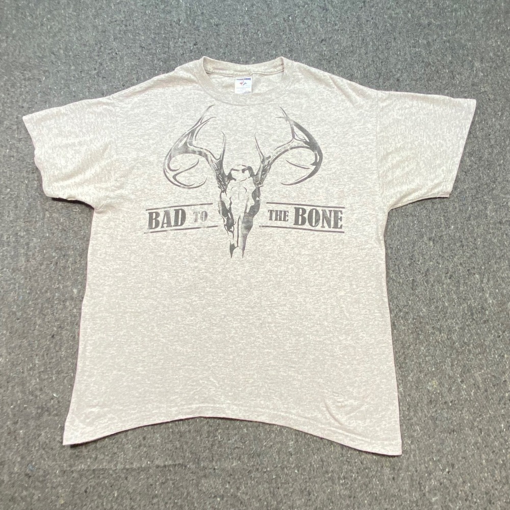 Jerzees Hunting Aesthetic Mens Large Grey Bad‎ To The Bone Deer Skull Shirt